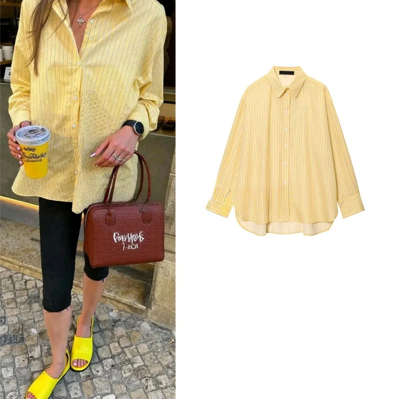 Новая летняя женская повседневная свободная рубашка средней длины с длинным рукавом и воротником, в желтую полоску, из комфортного полиэфирного волокна
Новая летняя женская повседневная свободная рубашка средней длины с длинным рукавом и воротником, в желтую полоску, из комфортного полиэфирного волокна