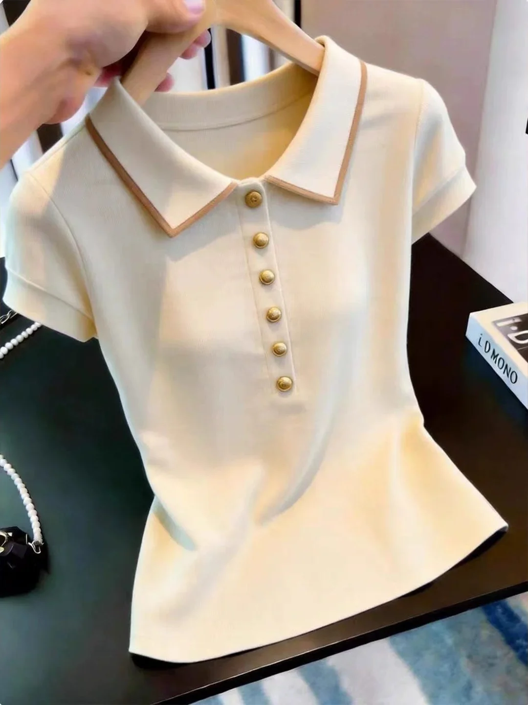 Korean Style Collar T-Shirt Color Block Short Sleeve Women's Fashion Slim Fit Versatile Summer Top Poetic Lin Brand
Korean Style Collar T-Shirt Color Block Short Sleeve Women's Fashion Slim Fit Versatile Summer Top Poetic Lin Brand