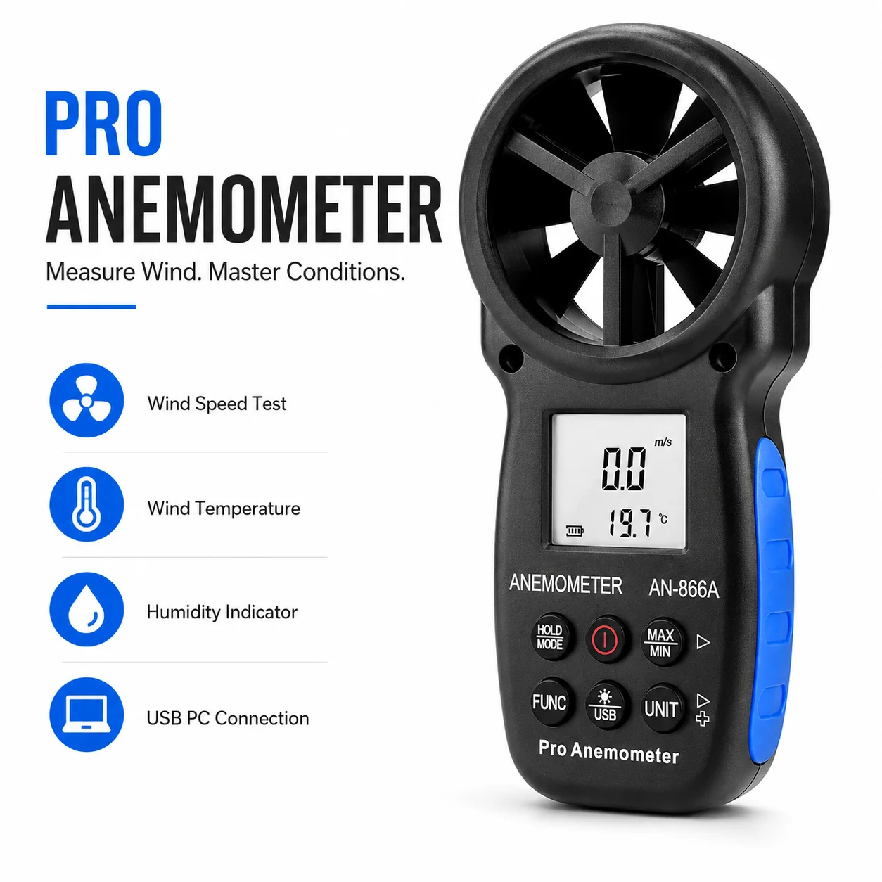 Holdpeak Handheld Digital Anemometer CFM Air Flow Meter USB Connect Dew Point Temperature Tester with Data Hold Function