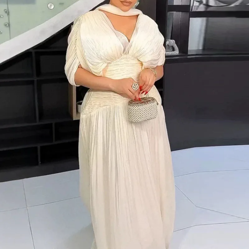 Fashion Backless Solid Evening Dress Low Cut V-neck High Waist Mesh Long Dress Summer Short Sleeved Pleated Casual Women's Dress
Fashion Backless Solid Evening Dress Low Cut V-neck High Waist Mesh Long Dress Summer Short Sleeved Pleated Casual Women's Dress