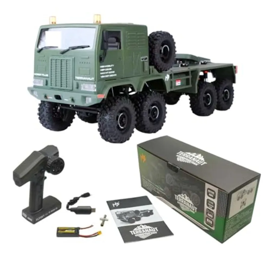 RC crawler truck for off-road terrain use, ABS plastic body, black color, full-lock 8WD with active all-wheel steering and 2-sp
RC crawler truck for off-road terrain use, ABS plastic body, black color, full-lock 8WD with active all-wheel steering and 2-sp