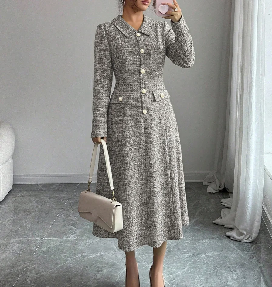 Elegant Long-Sleeved Lapel A-Line Skirt Mid-Length Dress Autumn Winter Collection Classic Temperament Fashionable Women's Dress
Elegant Long-Sleeved Lapel A-Line Skirt Mid-Length Dress Autumn Winter Collection Classic Temperament Fashionable Women's Dress