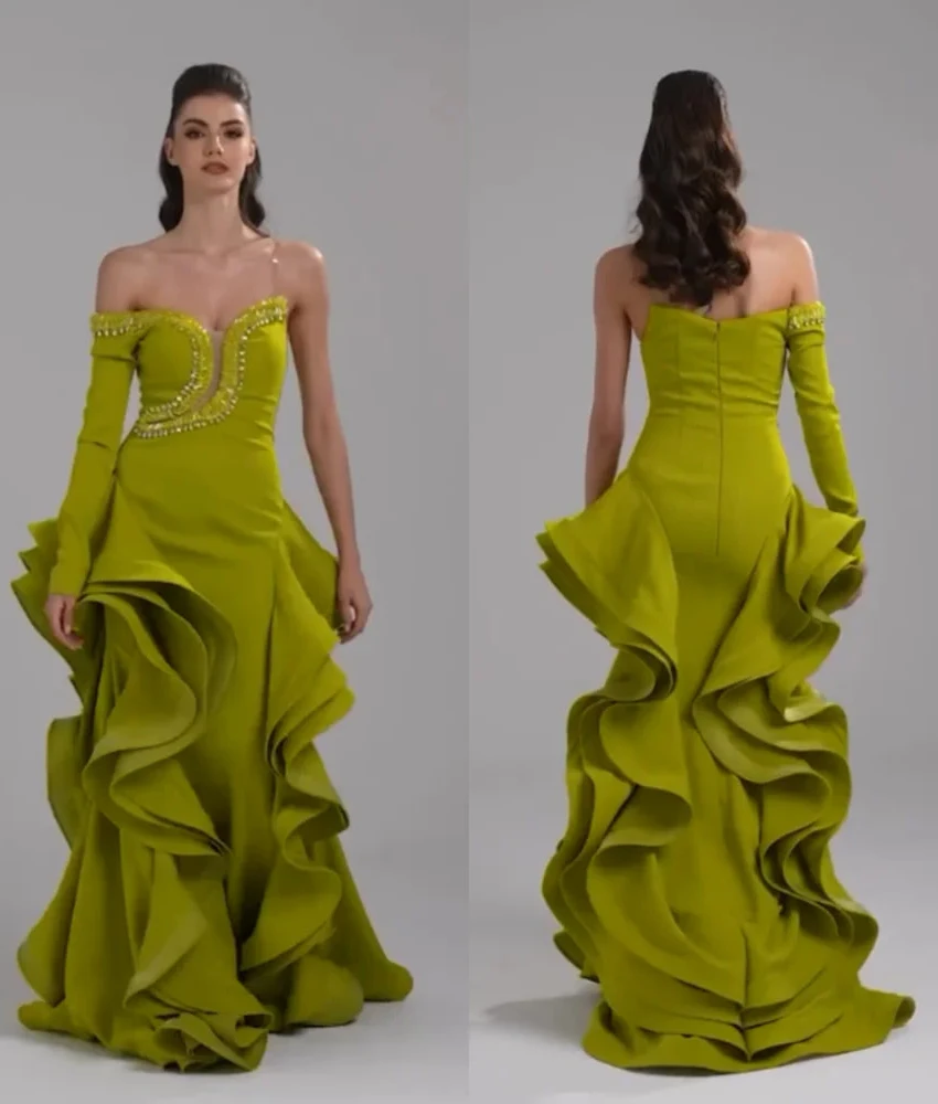 MCDV Customized Exquisite Jersey Mermaid Off the Shoulder Crystal Ruffles Tiered Tassel Evening Dress High Quality Party Gowns
MCDV Customized Exquisite Jersey Mermaid Off the Shoulder Crystal Ruffles Tiered Tassel Evening Dress High Quality Party Gowns