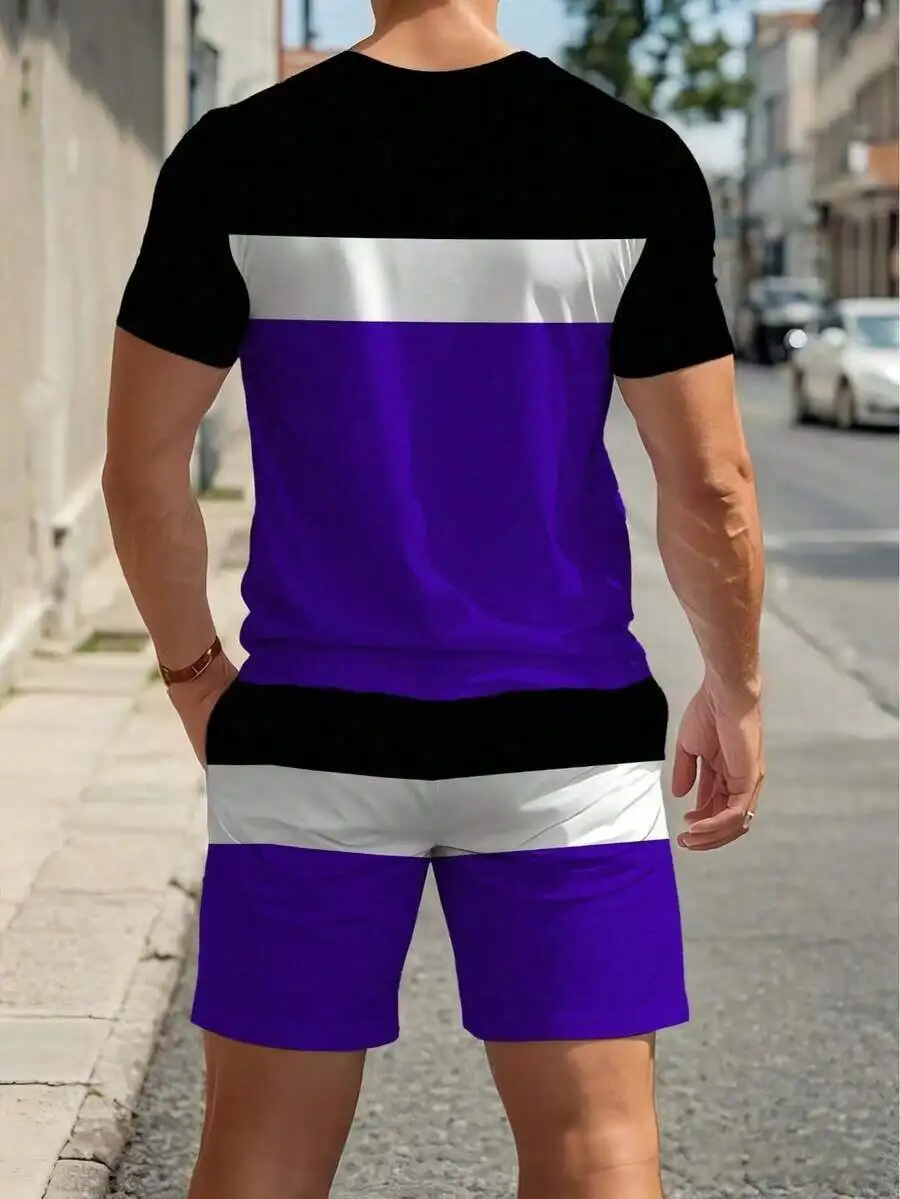 Mens Black White Purple Horizontal Stripe Crew Neck Tee And Matching Shorts Set With K Symbol And Heart Motif
Mens Black White Purple Horizontal Stripe Crew Neck Tee And Matching Shorts Set With K Symbol And Heart Motif