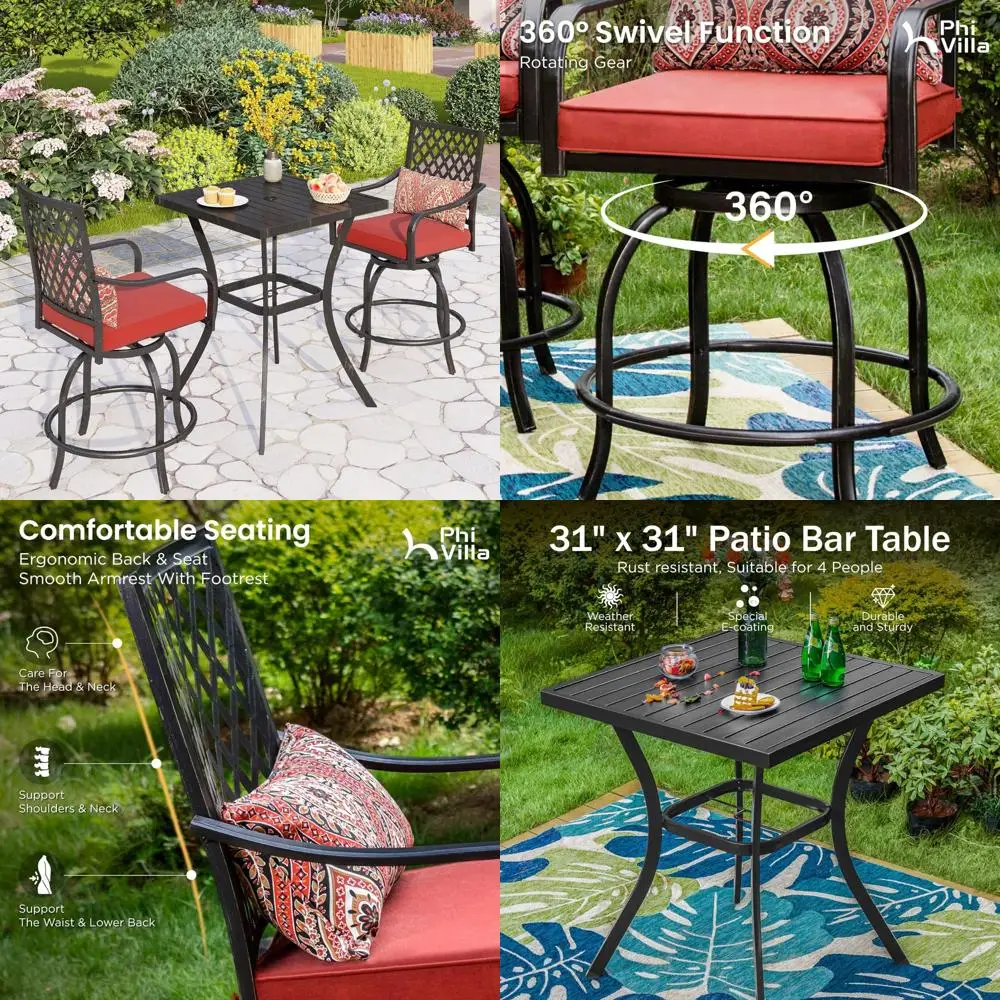 3-х предметный набор уличной барной мебели, стол-бистро для патио и поворотные барные стулья, стулья с красной подушкой для сада, ба
3-х предметный набор уличной барной мебели, стол-бистро для патио и поворотные барные стулья, стулья с красной подушкой для сада, ба