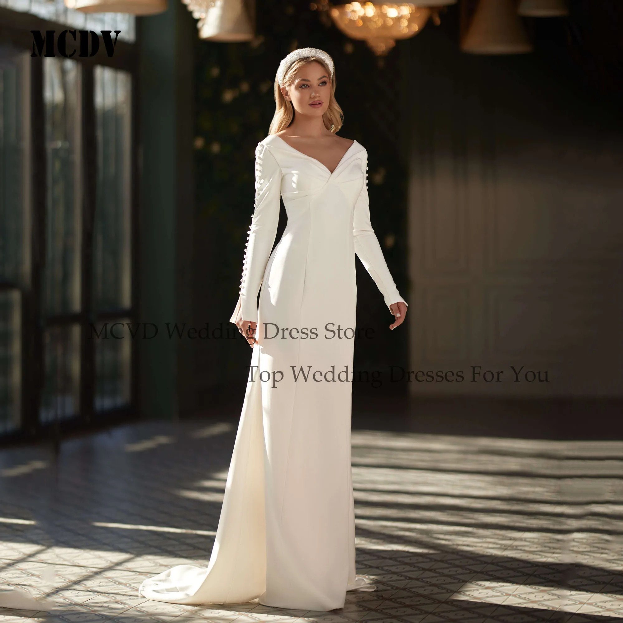 MCDV Elegant Full Sleeve Bride Gowns V Neck Wedding Party Dress Backless Pleat Mermaid Bride Satin robe de mariée Customized
MCDV Elegant Full Sleeve Bride Gowns V Neck Wedding Party Dress Backless Pleat Mermaid Bride Satin robe de mariée Customized