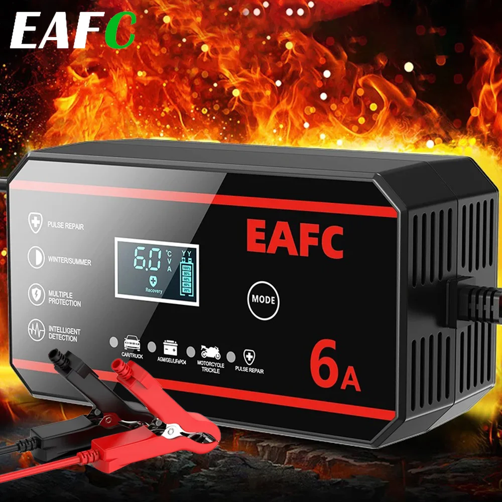 EAFC 12V 6A Car Battery Charger Charge Motorcycle Batteries Charging Pulse Repair for LiFePO4 AGM GEL WET Lead Acid LCD Display
EAFC 12V 6A Car Battery Charger Charge Motorcycle Batteries Charging Pulse Repair for LiFePO4 AGM GEL WET Lead Acid LCD Display