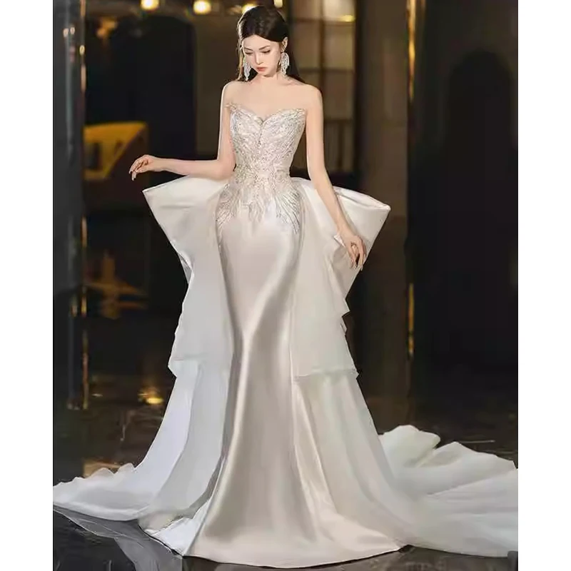 Exquisite Satin Mermaid Wedding Dress with Beaded Bodice Strapless Sheath Bridal Dress Long Train Outdoor Lawn Church Wedding 
Exquisite Satin Mermaid Wedding Dress with Beaded Bodice Strapless Sheath Bridal Dress Long Train Outdoor Lawn Church Wedding