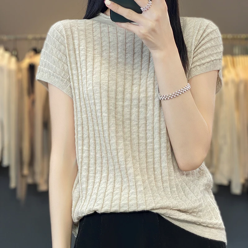 Women's T-shirt 2024 Summer 100% Wool Top Casual Solid Knitted Women's Pullover Short Sleeve Round Neck T-shirt Fashion Sweater
Women's T-shirt 2024 Summer 100% Wool Top Casual Solid Knitted Women's Pullover Short Sleeve Round Neck T-shirt Fashion Sweater