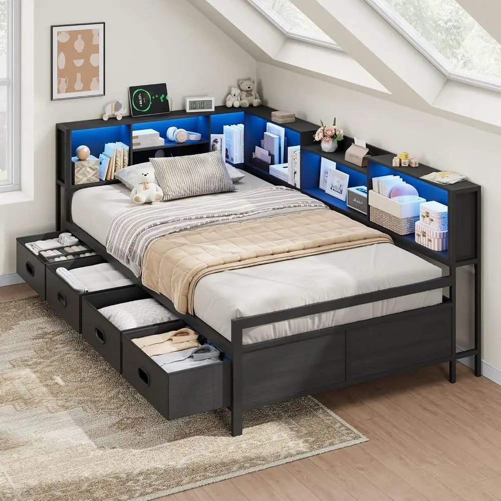 Twin Bed with 8-Bookcase Headboard, 4 Storage Drawers, LED Light Strip, and Charging Station
Twin Bed with 8-Bookcase Headboard, 4 Storage Drawers, LED Light Strip, and Charging Station