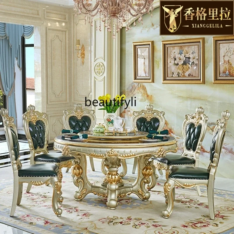B03 European marble dining table, villa solid wood carving flower drawing gold and silver round table with turntable dining tabl
B03 European marble dining table, villa solid wood carving flower drawing gold and silver round table with turntable dining tabl