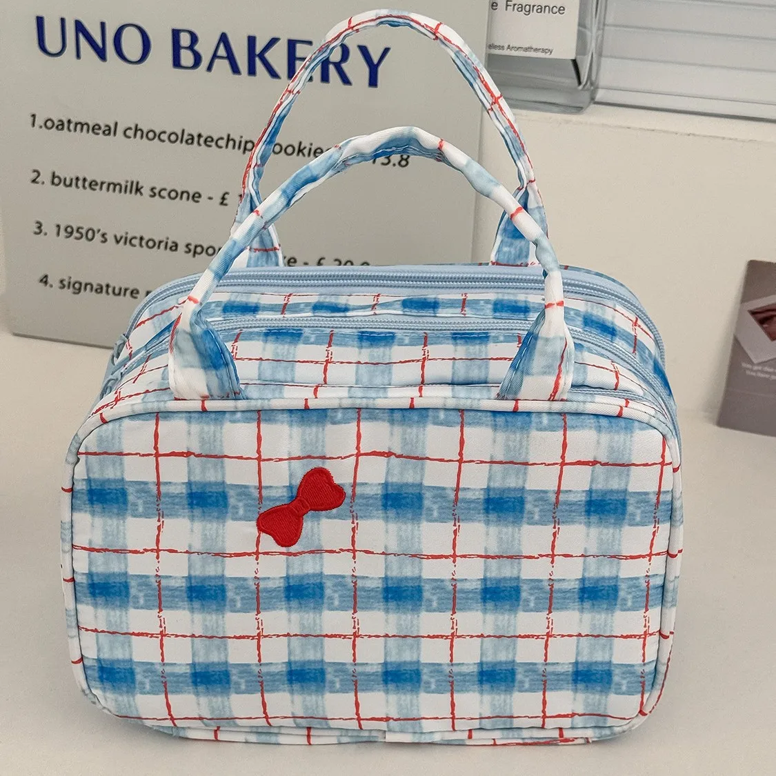 Blue Plaid with Red Line Cosmetic Bag Color Block Handheld Makeup Bag Large Capacity Portable Storage Pouch Divided Compartments
Blue Plaid with Red Line Cosmetic Bag Color Block Handheld Makeup Bag Large Capacity Portable Storage Pouch Divided Compartments