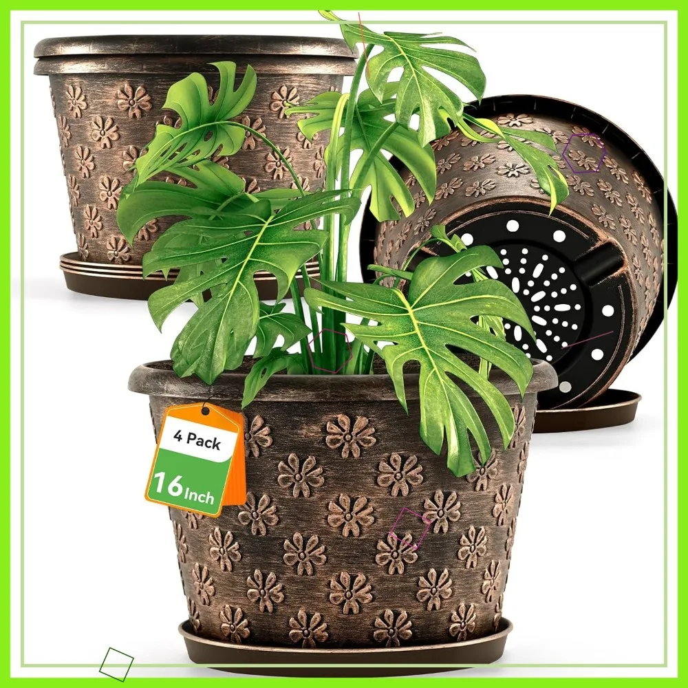 16 Inch Plastic Plant Pots with Saucers, 4 Pack Retro Flower Pots for Indoor Outdoor Use
16 Inch Plastic Plant Pots with Saucers, 4 Pack Retro Flower Pots for Indoor Outdoor Use