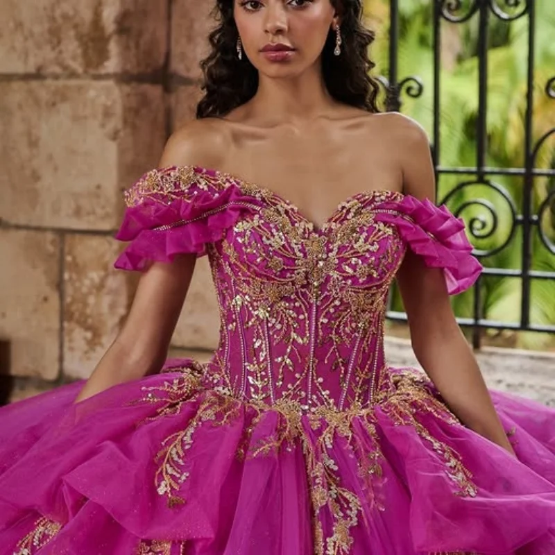 Rose Pink Quinceanera Dresses off-shoulder Golden Glitter Decal Lace Layering Long tail Bow Vestido De 15 Quinceanera Customize
Rose Pink Quinceanera Dresses off-shoulder Golden Glitter Decal Lace Layering Long tail Bow Vestido De 15 Quinceanera Customize
