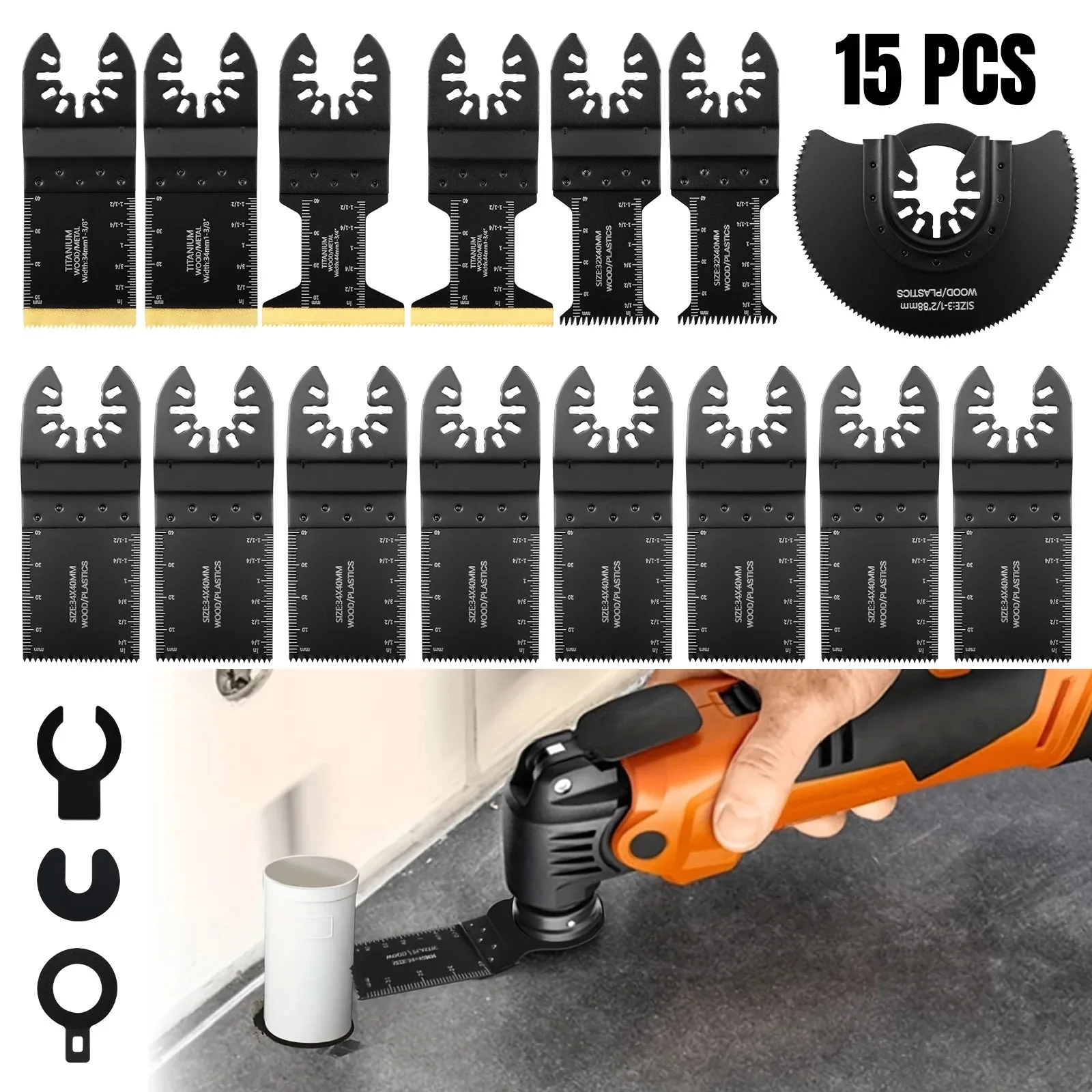 15PCS Titanium Oscillating Saw Blades, Quick Release Multi Tool Blades for Wood Metal Nail Cutting
15PCS Titanium Oscillating Saw Blades, Quick Release Multi Tool Blades for Wood Metal Nail Cutting
