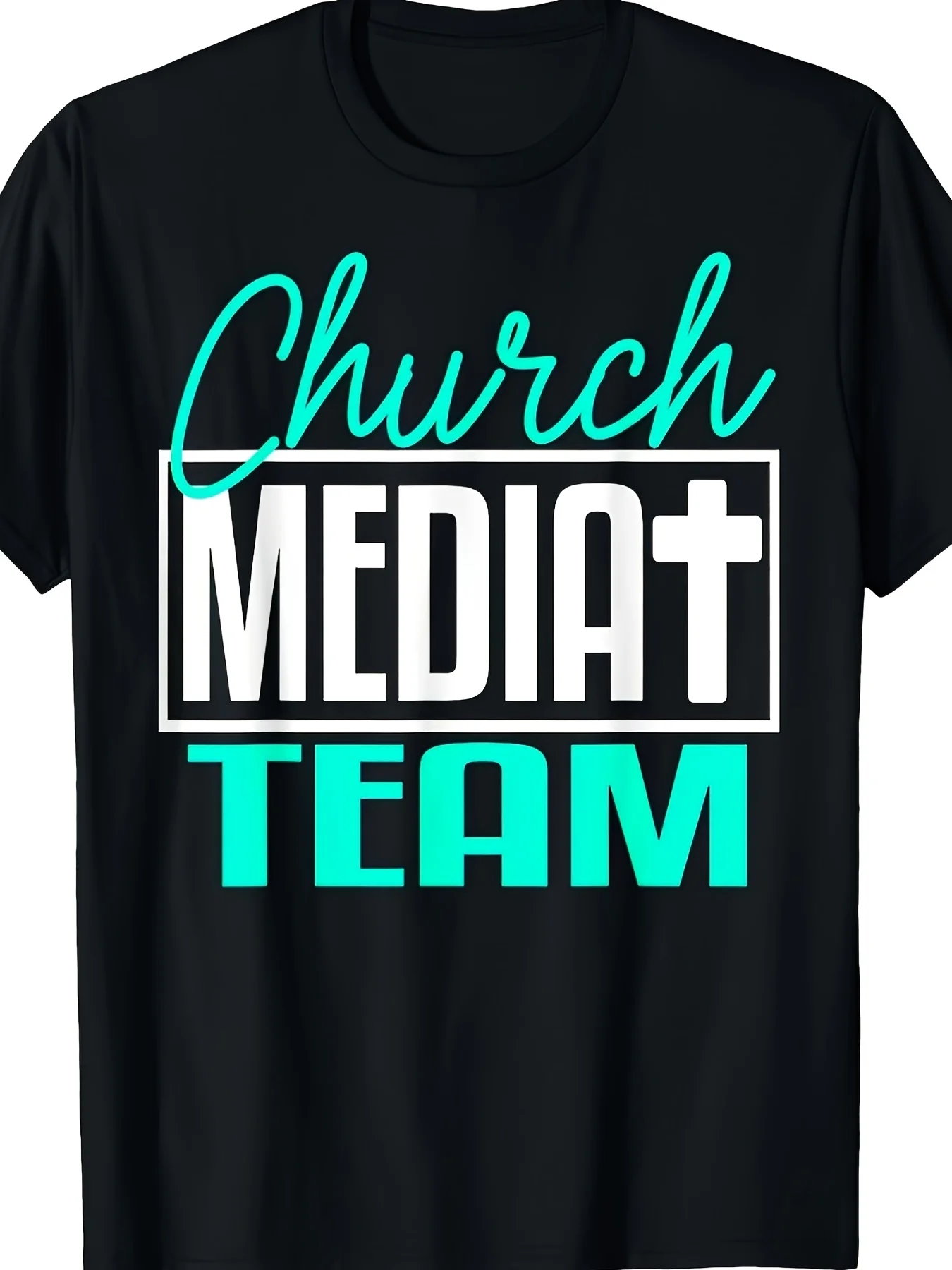 Men's Church Media Team T-Shirt - Black with Turquoise Lettering Religious Apparel Suitable for Worship Technicians &
Men's Church Media Team T-Shirt - Black with Turquoise Lettering Religious Apparel Suitable for Worship Technicians &
