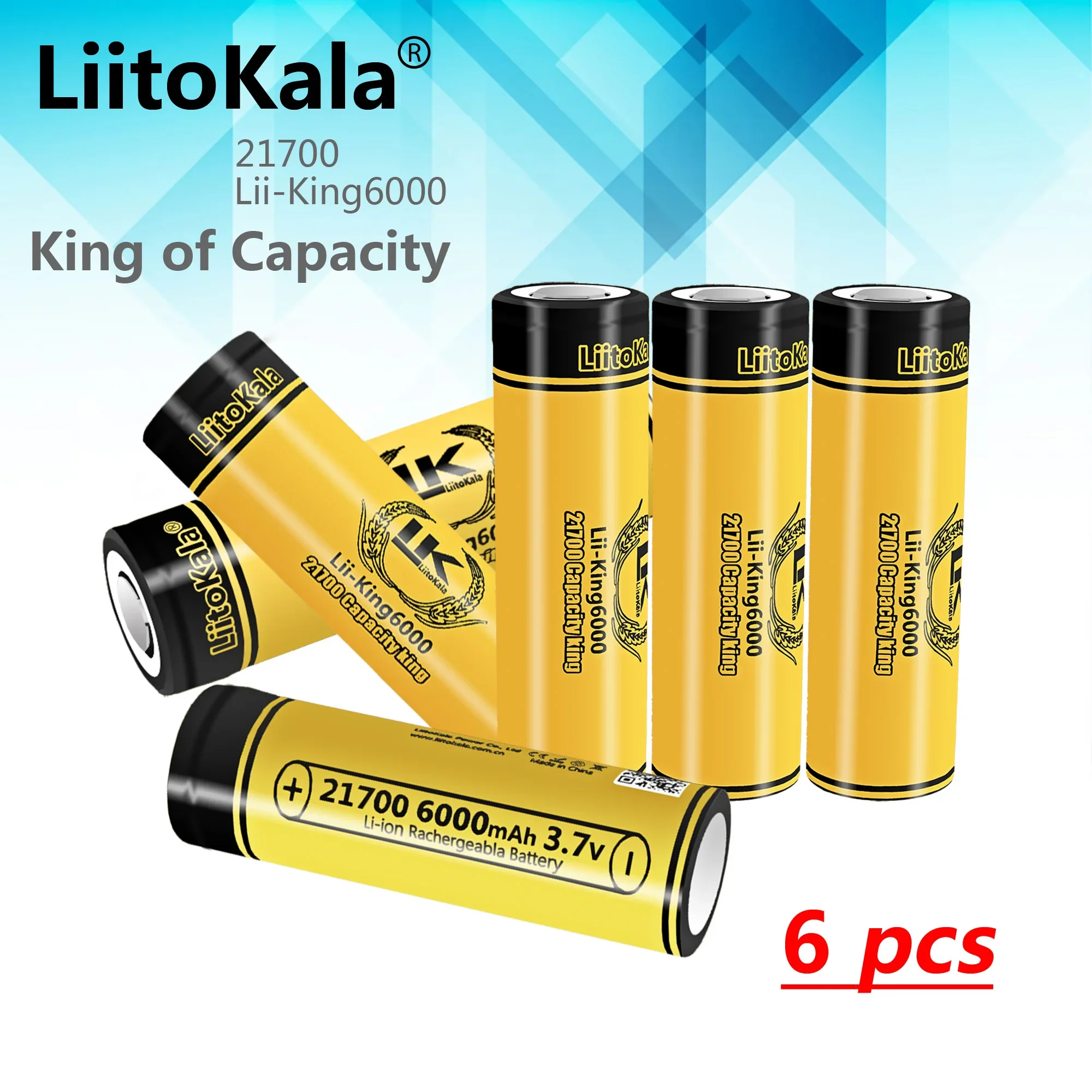 6 шт. LiitoKala King6000 аккумулятор высокой емкости 21700 реальный рейтинг 21700 3,7 В 6000 мАч 12,5 А для электроинструментов и фонарика
6 шт. LiitoKala King6000 аккумулятор высокой емкости 21700 реальный рейтинг 21700 3,7 В 6000 мАч 12,5 А для электроинструментов и фонарика