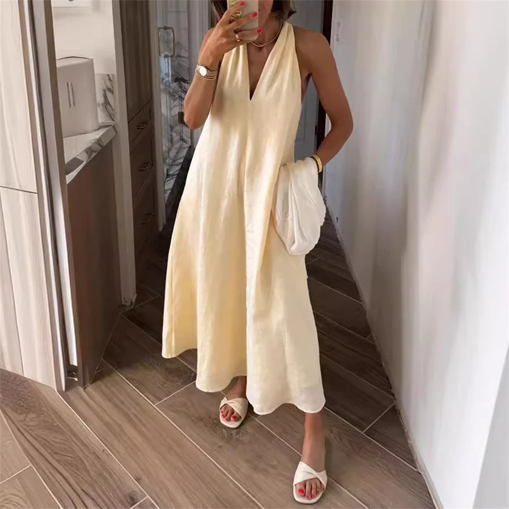 Casual Halter Sleeveless Long Dress for Women Summer Solid V Neck A Line Midi Dress with Pockets Female Holiday Vestidos
Casual Halter Sleeveless Long Dress for Women Summer Solid V Neck A Line Midi Dress with Pockets Female Holiday Vestidos