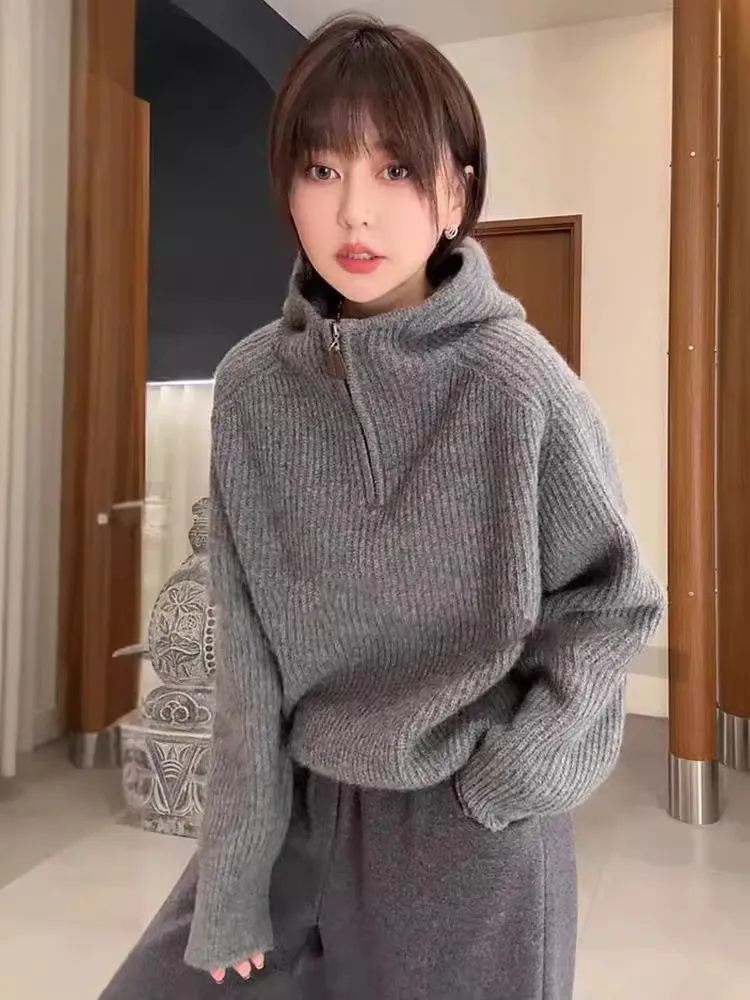 ay Hooded Women's Knitted Sweater with Zipper Brand Bule European Sle Loose Slim Fit Autumn Winter Casual Knitwear
ay Hooded Women's Knitted Sweater with Zipper Brand Bule European Sle Loose Slim Fit Autumn Winter Casual Knitwear