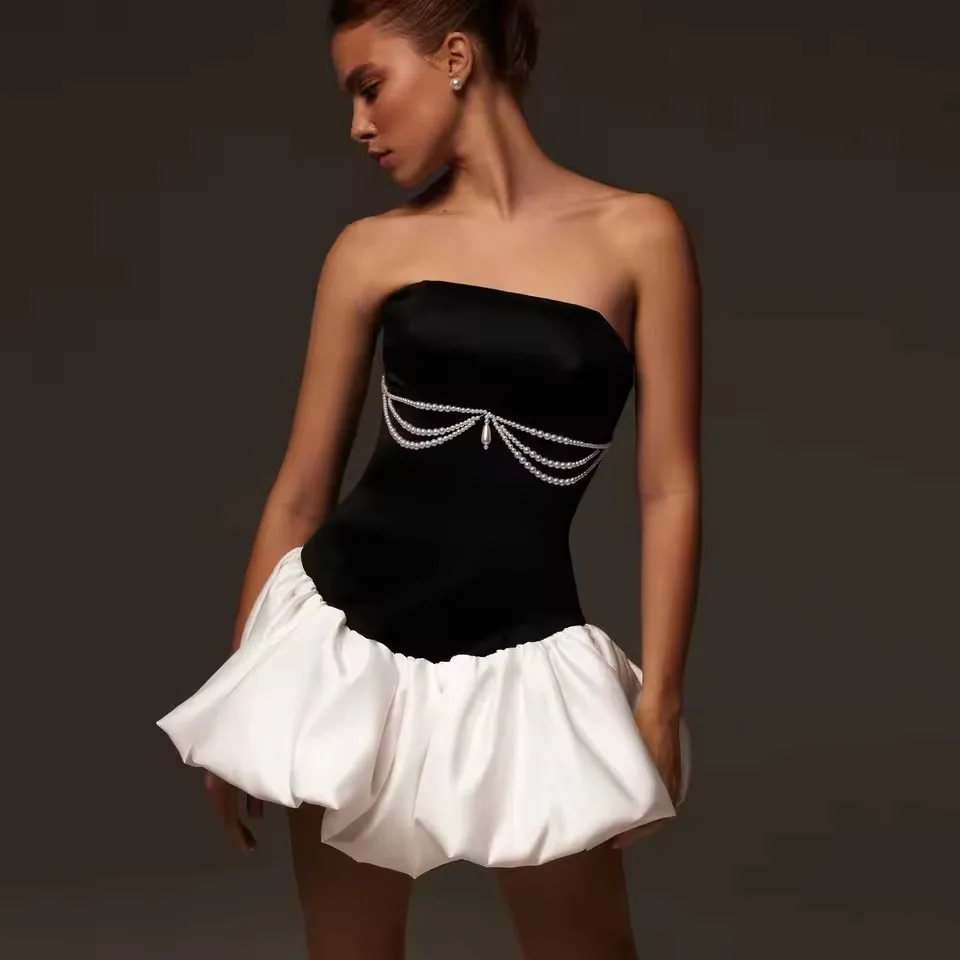 2025 Black and White Mini Dress with Pearls Ruffled Taffeta Cocktail Party Dresses Women Special Occasion Dress
2025 Black and White Mini Dress with Pearls Ruffled Taffeta Cocktail Party Dresses Women Special Occasion Dress