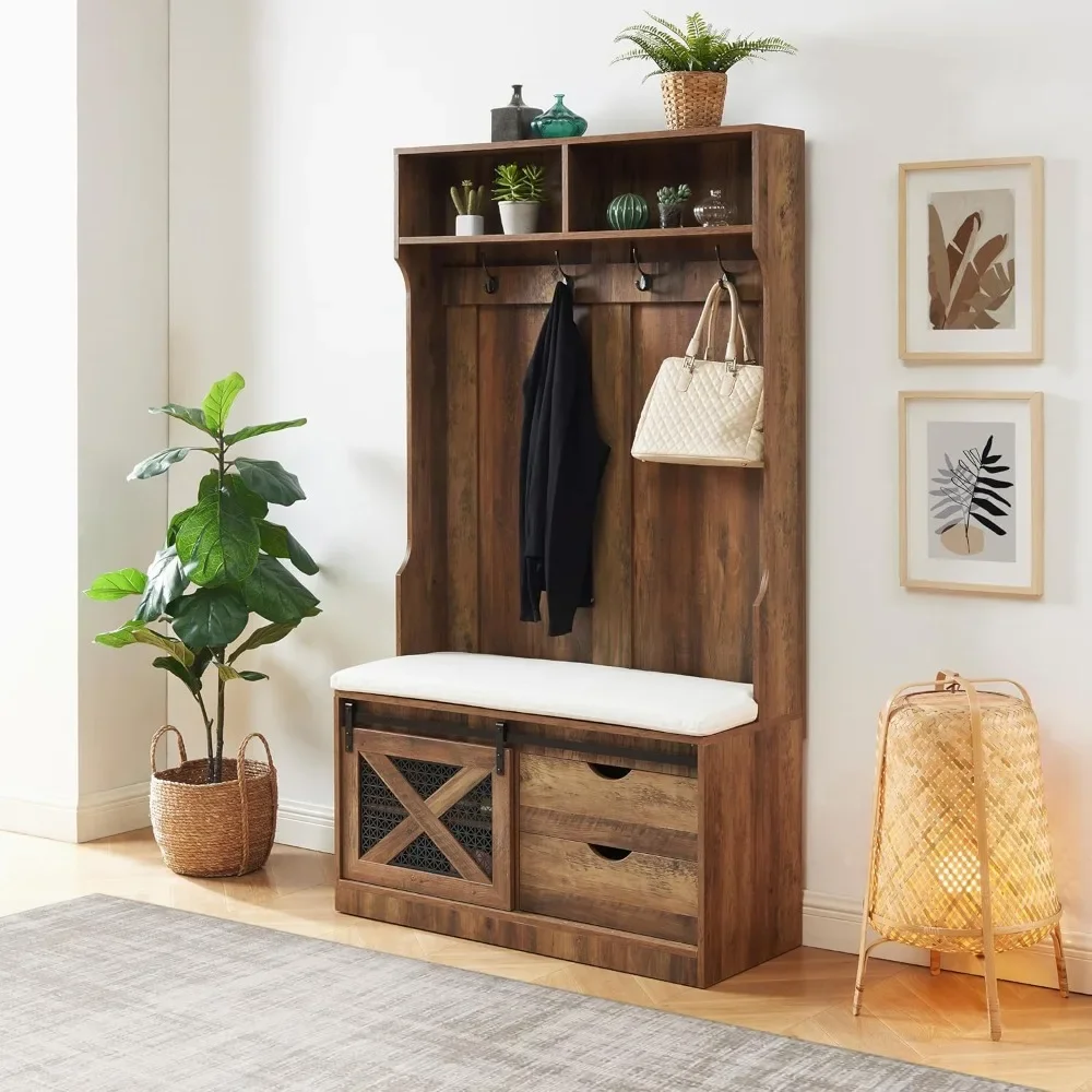 71" H Entryway Hall Tree with Coat Rack and Storage Bench, Wood Coat Tree with Cushioned Stool and Hooks
71" H Entryway Hall Tree with Coat Rack and Storage Bench, Wood Coat Tree with Cushioned Stool and Hooks