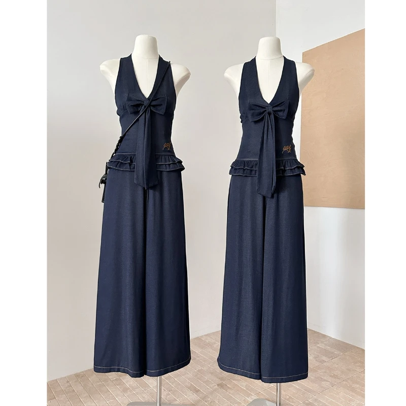 Korean Style Bow Hanging Neck Ruffle Design Tank Top Casual Versatile+Wide Leg Silk Denim Pants 2025 New Women Summer Set
Korean Style Bow Hanging Neck Ruffle Design Tank Top Casual Versatile+Wide Leg Silk Denim Pants 2025 New Women Summer Set