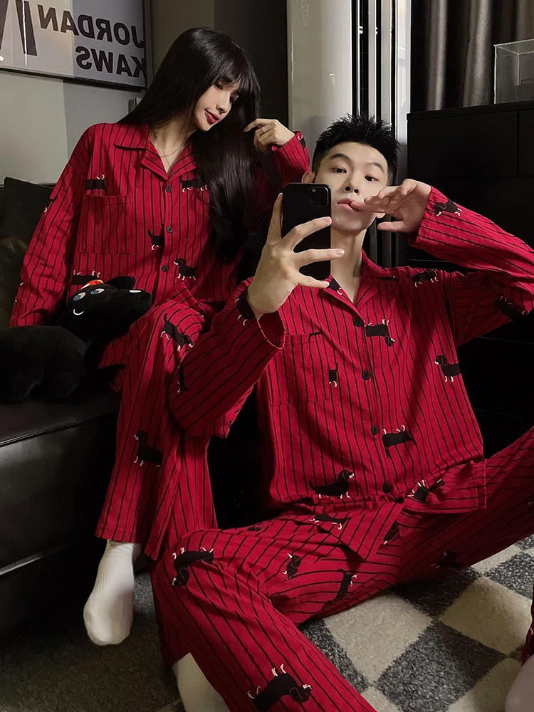 DAIMELU Spring and Autumn Red Festive Striped Couple Pajamas Women's Cotton Long Sleeve Cartoon Puppy Men's Loungewear suit Set
DAIMELU Spring and Autumn Red Festive Striped Couple Pajamas Women's Cotton Long Sleeve Cartoon Puppy Men's Loungewear suit Set