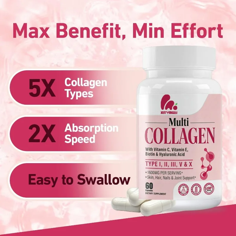 Multi Collagen Capsules, Types I, II, III, V, X Vitamins C, E Hyaluronic Acid-Hair, Skin, Nail and Joint Health Support
Multi Collagen Capsules, Types I, II, III, V, X Vitamins C, E Hyaluronic Acid-Hair, Skin, Nail and Joint Health Support