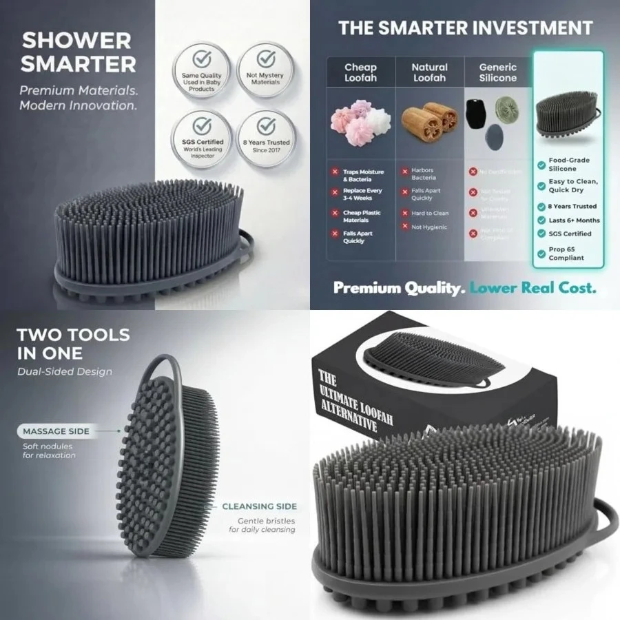 Premium Silicone Body Scrubber - Trusted Since 2017 - SGS Certified Food Grade Dual Sided Bath Brush, Quick-Dry Exfoliating Loofah Alternative, Massage Brush Sensitive Skin Women Men
Premium Silicone Body Scrubber - Trusted Since 2017 - SGS Certified Food Grade Dual Sided Bath Brush, Quick-Dry Exfoliating Loofah Alternative, Massage Brush Sensitive Skin Women Men