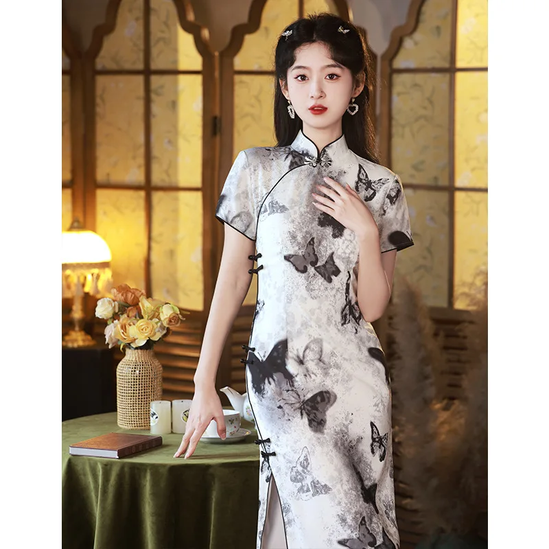 Chinese Style Mandarin Collar Vintage Butterfly Print Dress Elegant Party Prom Female Short Sleeve Qipao Vestidos
Chinese Style Mandarin Collar Vintage Butterfly Print Dress Elegant Party Prom Female Short Sleeve Qipao Vestidos