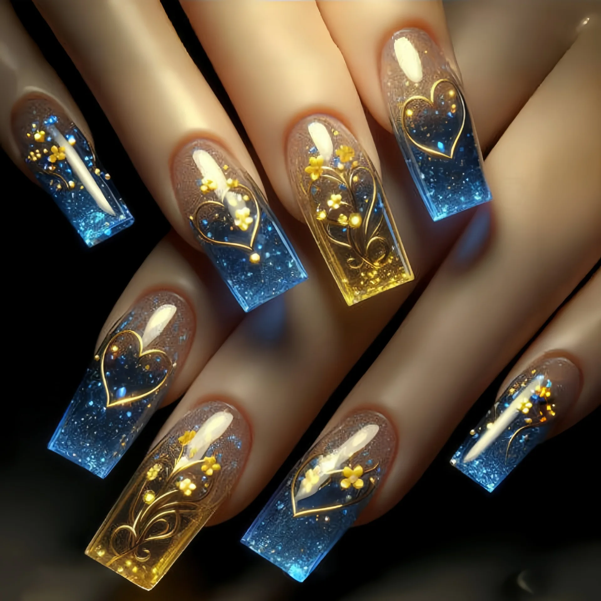 Long water pipe nail art, blue background, gold flower pattern nail art patch, removable 24 fake nails
Long water pipe nail art, blue background, gold flower pattern nail art patch, removable 24 fake nails