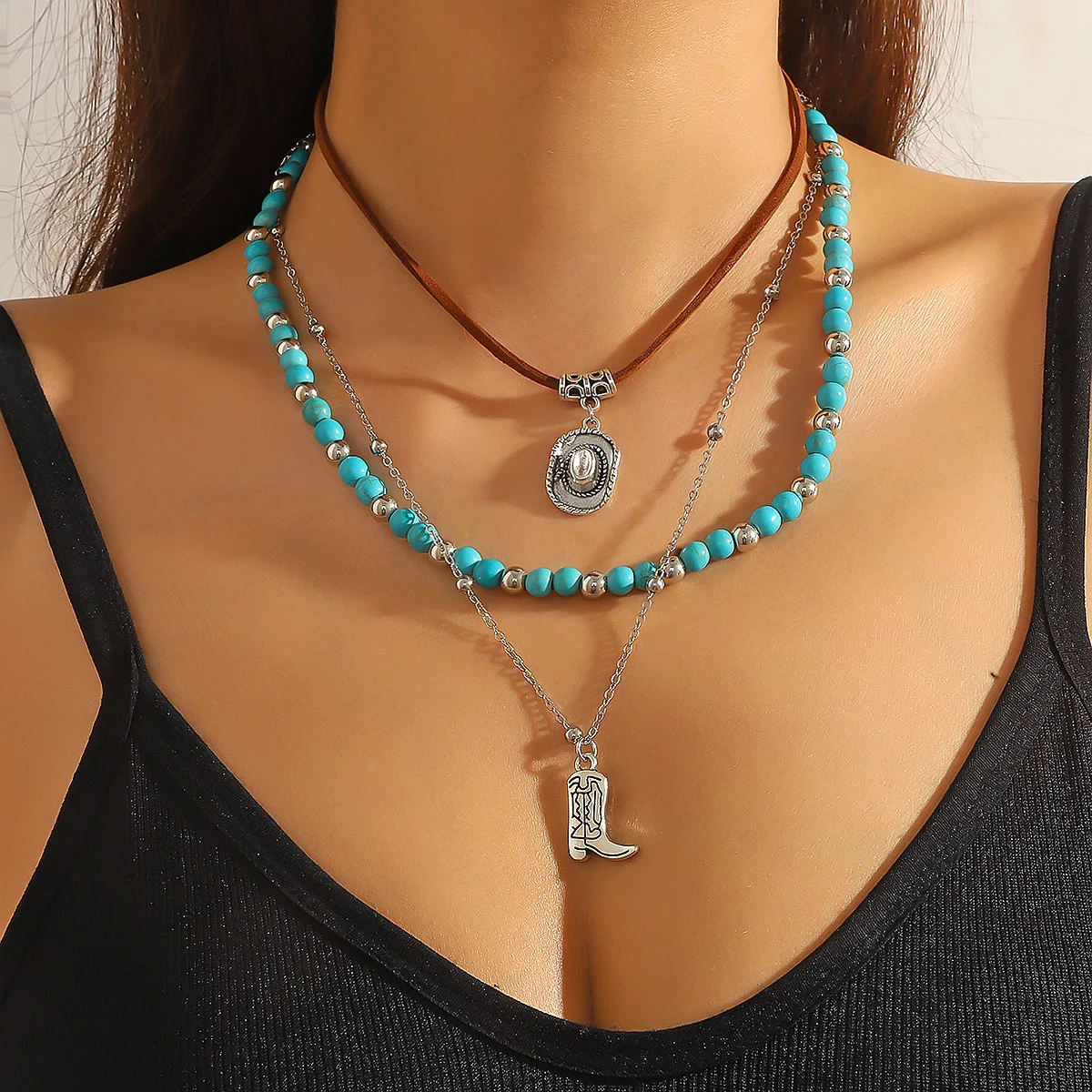 New Western Denim Turquoise Leather Necklace Denim Hat Boots Retro Combination Set Necklace
New Western Denim Turquoise Leather Necklace Denim Hat Boots Retro Combination Set Necklace