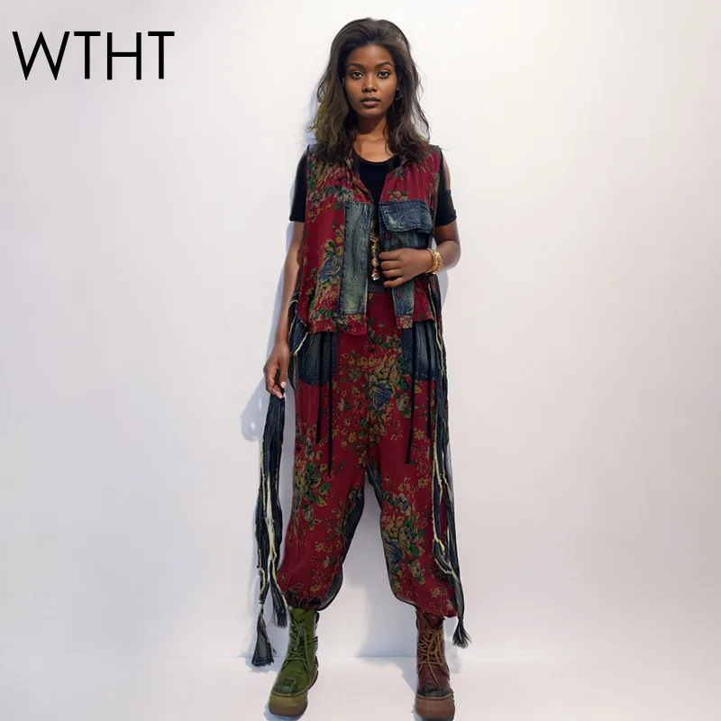WTHT Fashion Women's Turn-down Collar Bandage Spliced Denim Vest Vintage Print Patchwork Loose Jeans Female 2025 Summer 1LS1533
WTHT Fashion Women's Turn-down Collar Bandage Spliced Denim Vest Vintage Print Patchwork Loose Jeans Female 2025 Summer 1LS1533