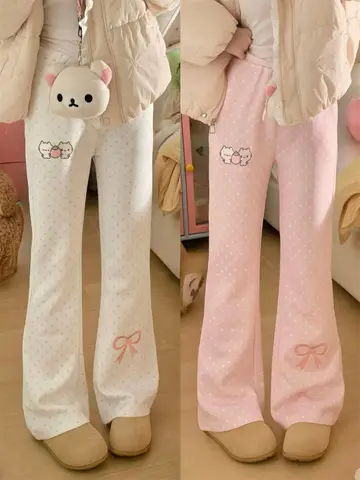 Japanese Kawaii Lolita Style Pants Women Sweet Cartoon Embroidery Polka Dot Print Flare Pants Girls Y2k Aesthetic Fairy Trousers