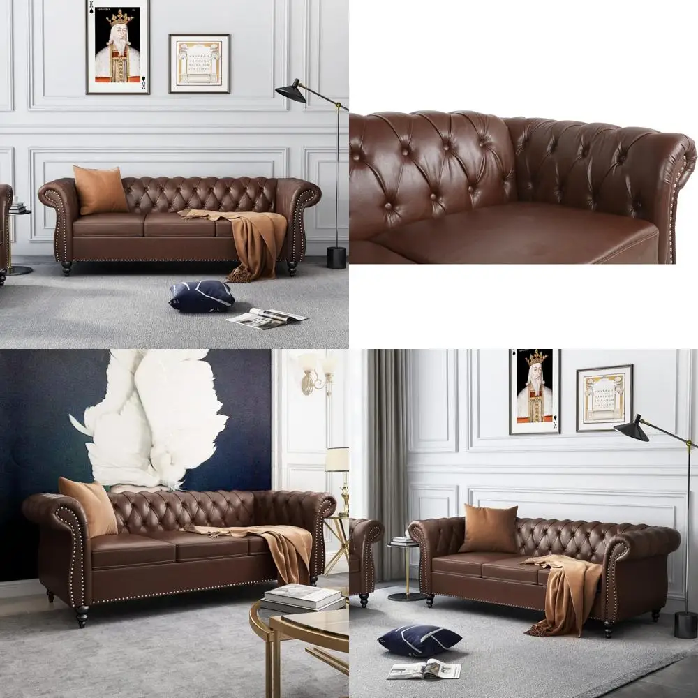 3-seater tufted faux leather chesterfield sofa with rolled arms and nailhead trim for living room
3-seater tufted faux leather chesterfield sofa with rolled arms and nailhead trim for living room