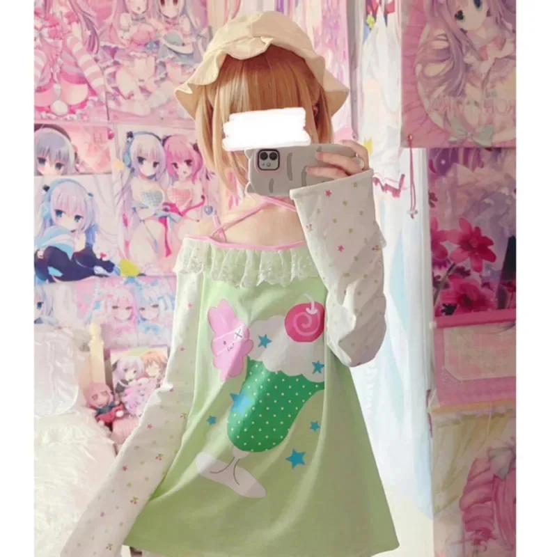 Cute Melon Soda Print Off-Shoulder Long Sleeve T-Shirt Y2K Lace Patchwork Tie-up Tops Loose-fitting Plus-size Women's Clothing
Cute Melon Soda Print Off-Shoulder Long Sleeve T-Shirt Y2K Lace Patchwork Tie-up Tops Loose-fitting Plus-size Women's Clothing