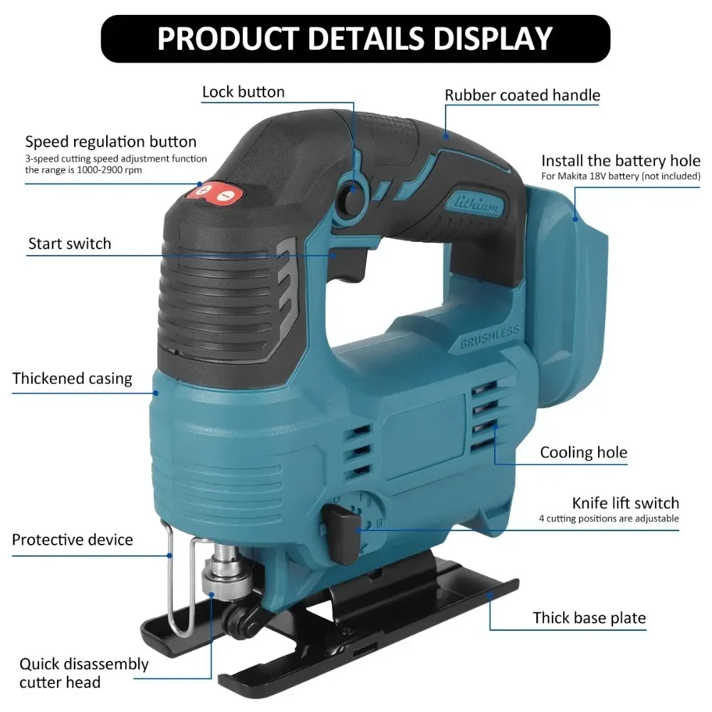 Cordless Portable Electric Jig Saw Multi-Function Jigsaw for Makita 18V Battery Woodworking Power Tool Adjustable Woodworking
Cordless Portable Electric Jig Saw Multi-Function Jigsaw for Makita 18V Battery Woodworking Power Tool Adjustable Woodworking