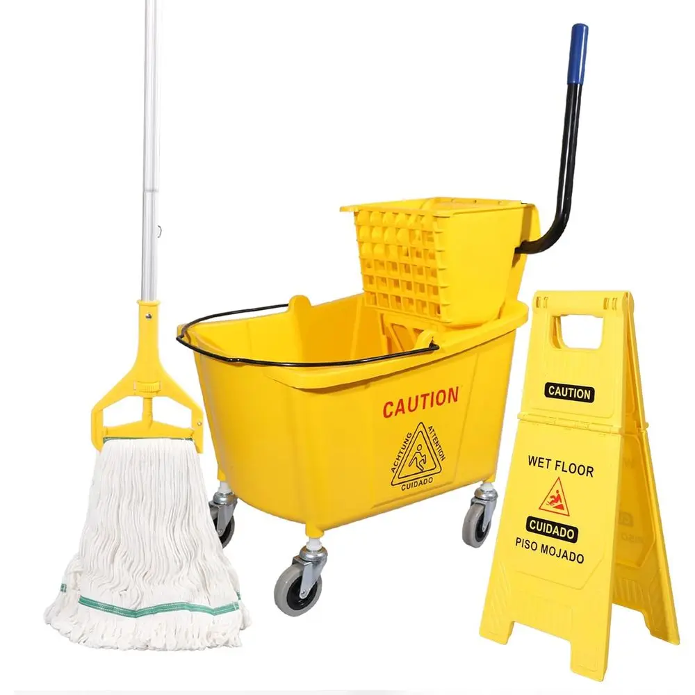 Yellow Heavy-Duty Mop Bucket and Wringer Set with Wheels, Commercial Mop, and Wet Floor Sign (24)
Yellow Heavy-Duty Mop Bucket and Wringer Set with Wheels, Commercial Mop, and Wet Floor Sign (24)