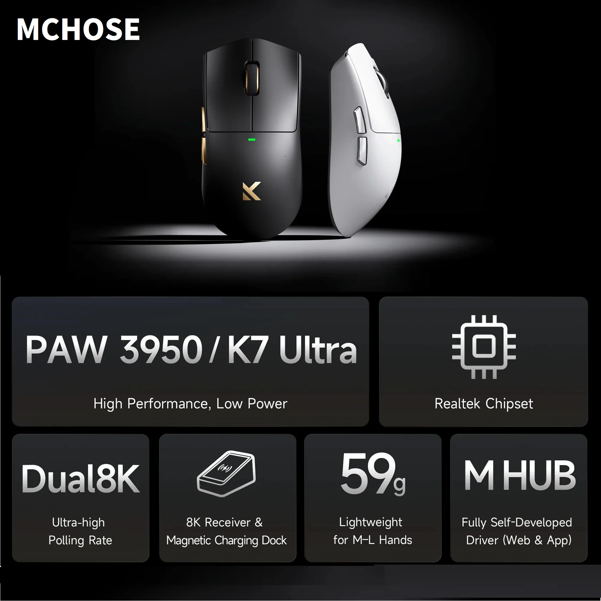 MCHOSE K7 Ultra Wireless Lightweight Gaming Esports Mouse Triple Mode Connection Dual 8K PAW3950 Flagship Sensor 42000DPI
MCHOSE K7 Ultra Wireless Lightweight Gaming Esports Mouse Triple Mode Connection Dual 8K PAW3950 Flagship Sensor 42000DPI