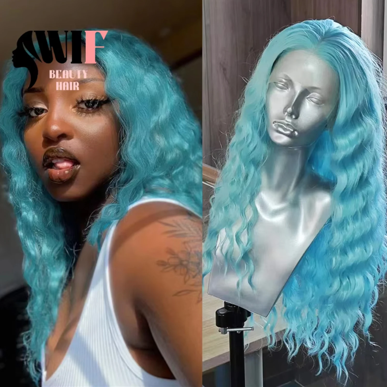 WIF Loose Wave Light Blue Colored Synthetic Lace Front Wig Long Wavy Cosplay Use Heat Fiber Lace Front Wigs Women Makeup Wear
WIF Loose Wave Light Blue Colored Synthetic Lace Front Wig Long Wavy Cosplay Use Heat Fiber Lace Front Wigs Women Makeup Wear