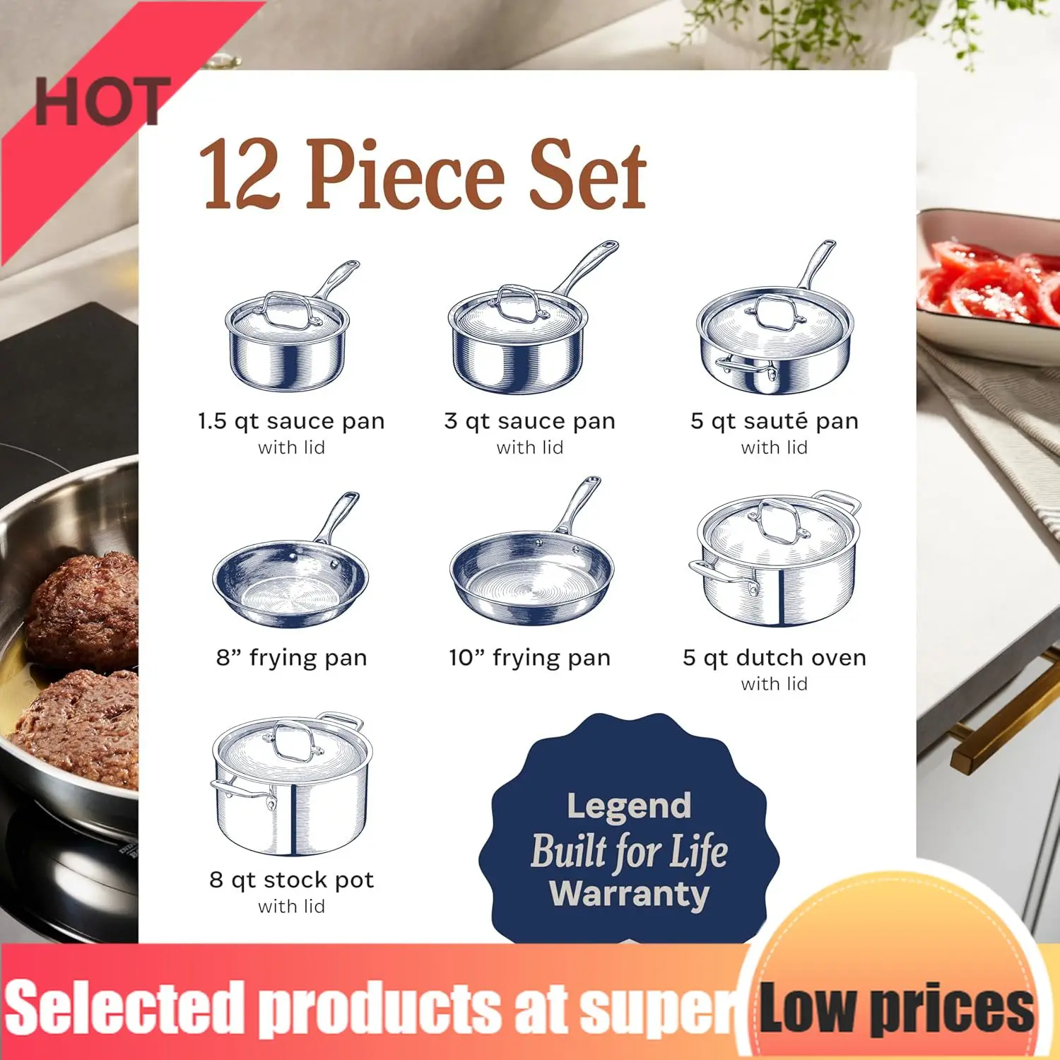 Набор посуды из 5-слойной нержавеющей стали, 12 предметов: кастрюли и сковороды - совместимы с индукционными плитами, безопасны для духовки 800°F ° Ф
Набор посуды из 5-слойной нержавеющей стали, 12 предметов: кастрюли и сковороды - совместимы с индукционными плитами, безопасны для духовки 800°F ° Ф