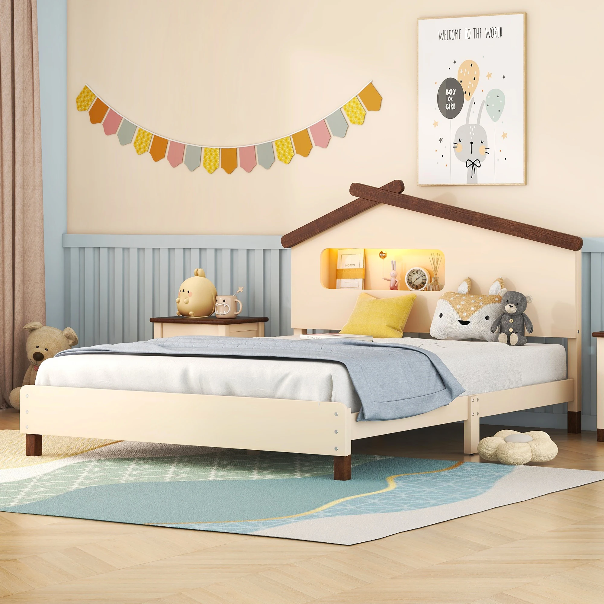 Full Wood Platform Bed with House-Shaped Headboard, Night Lights, Cream & Walnut 79.30x57.70x39.70 in.
Full Wood Platform Bed with House-Shaped Headboard, Night Lights, Cream & Walnut 79.30x57.70x39.70 in.
