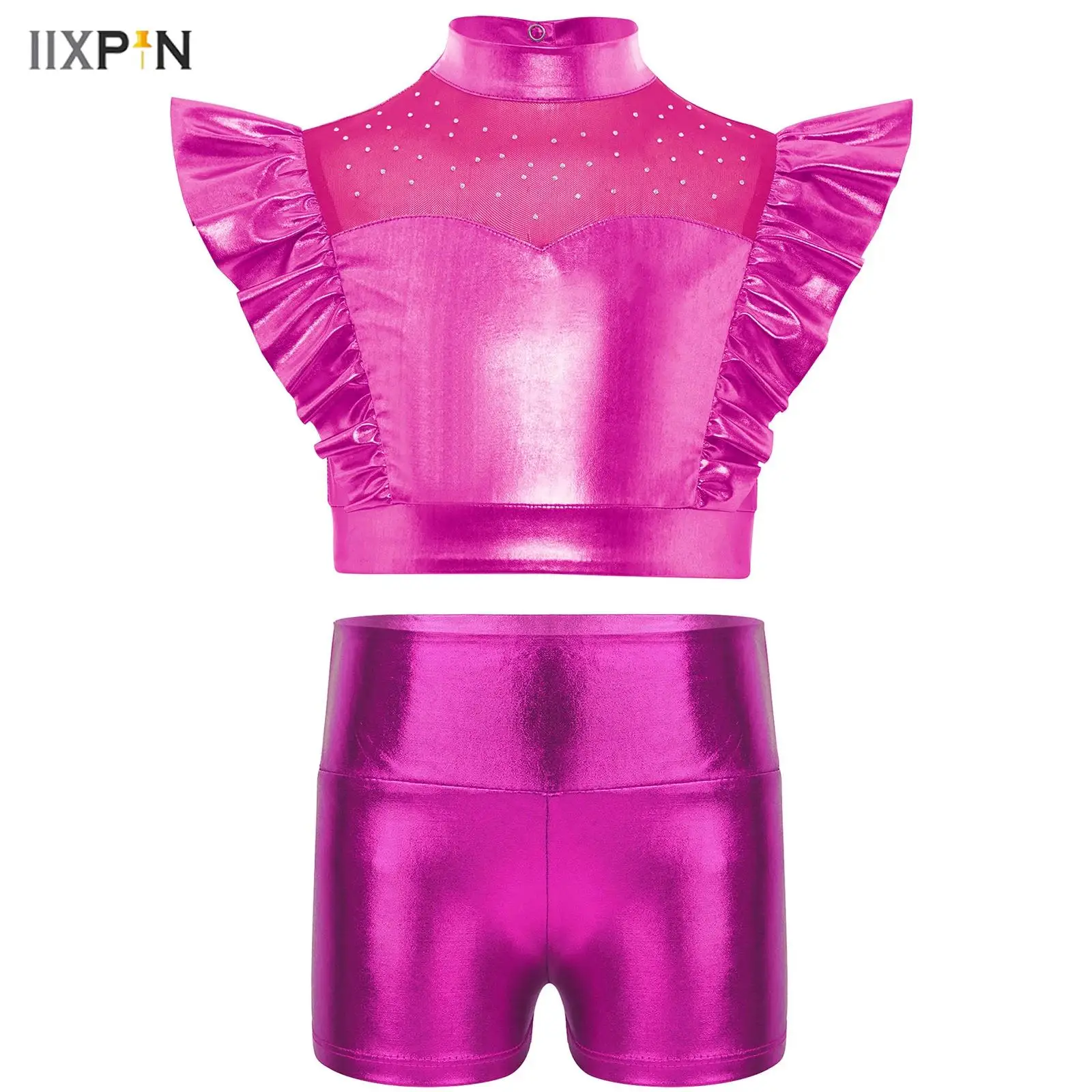 Kids Girls Jazz Dance Costumes Mock Neck Rhinestone Mesh Patchwork Sleeveless Metallic Crop Top+Shorts Set for Street Dancewear
Kids Girls Jazz Dance Costumes Mock Neck Rhinestone Mesh Patchwork Sleeveless Metallic Crop Top+Shorts Set for Street Dancewear