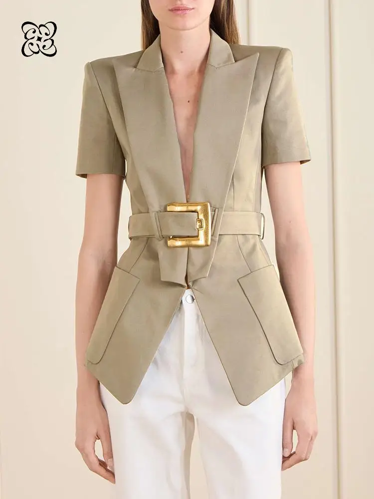 2026 Khaki Short Sleeve Blazer Jacket Gold Buckle Belted Waist Slim Tailored Suit Coat for Office Commute & Business Casual
2026 Khaki Short Sleeve Blazer Jacket Gold Buckle Belted Waist Slim Tailored Suit Coat for Office Commute & Business Casual