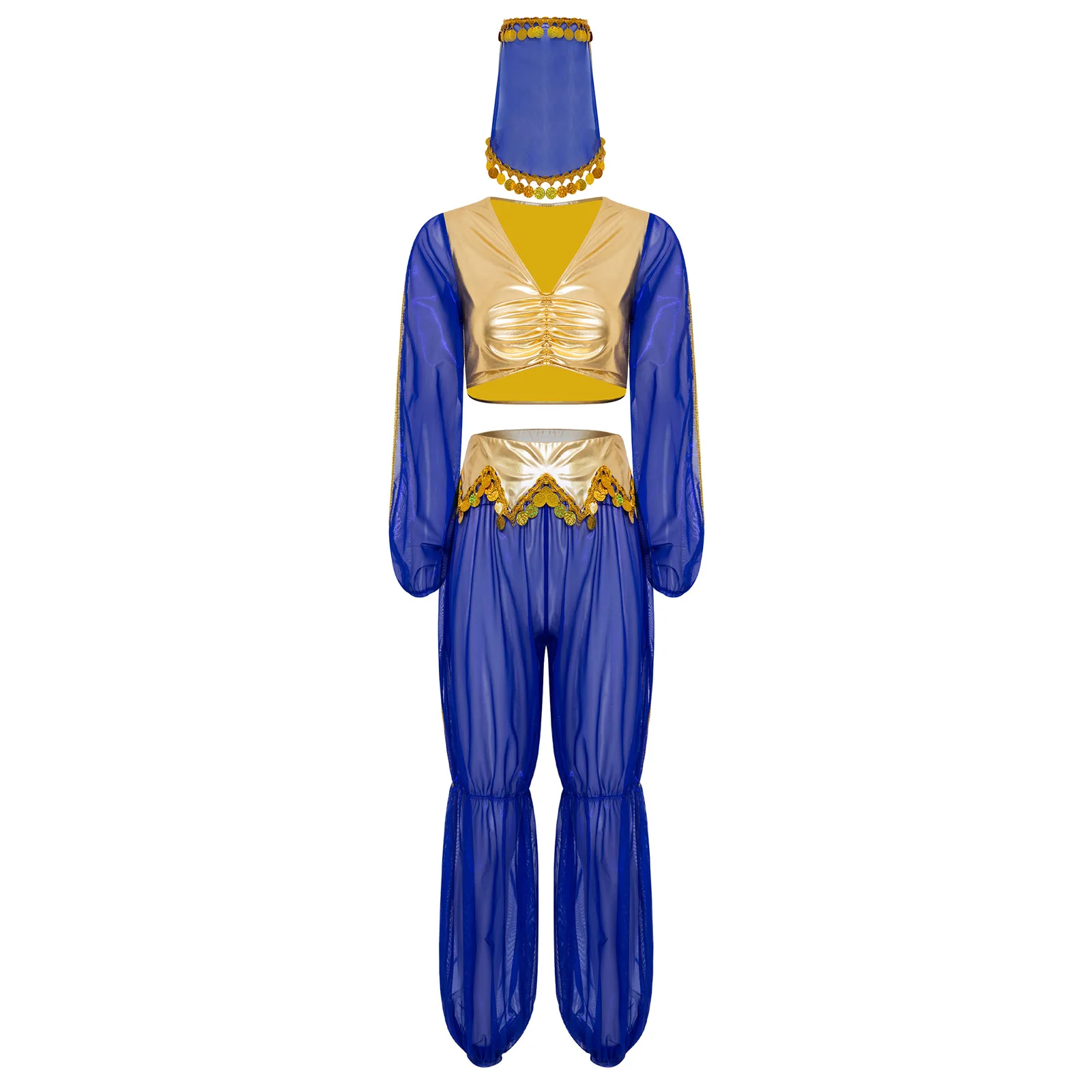Women Halloween Arab Princess Cosplay Costume Outfits Crop Top and Sheer Mesh Pants Veil Sets Belly Tribal Arabic Dance Dresses
Women Halloween Arab Princess Cosplay Costume Outfits Crop Top and Sheer Mesh Pants Veil Sets Belly Tribal Arabic Dance Dresses