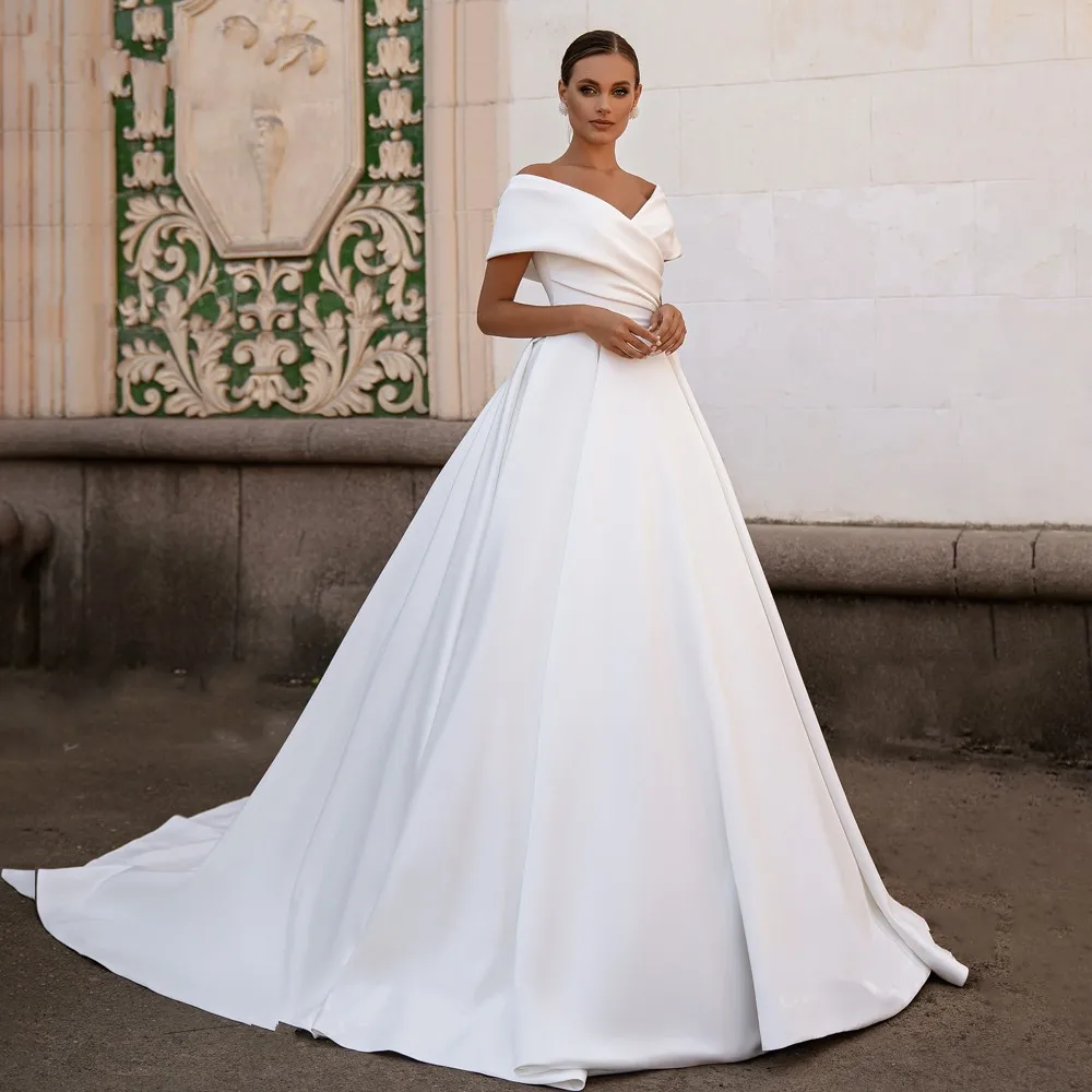 2025 Elegant A-line Wedding Dresses Off Shoulder Satin Court Train Princess Bride Formal Gowns Vestidos De Noiva
2025 Elegant A-line Wedding Dresses Off Shoulder Satin Court Train Princess Bride Formal Gowns Vestidos De Noiva