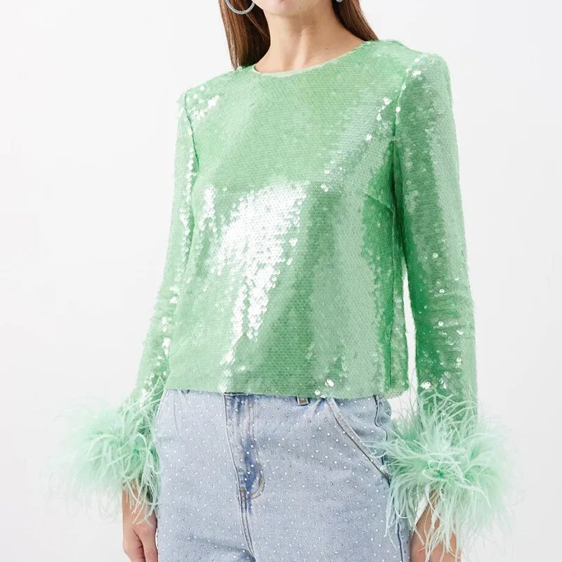 Female Mint Green Long Sleeve Sequin Camisas Shirt Feather Trim Sequinned Tulle Top
Female Mint Green Long Sleeve Sequin Camisas Shirt Feather Trim Sequinned Tulle Top