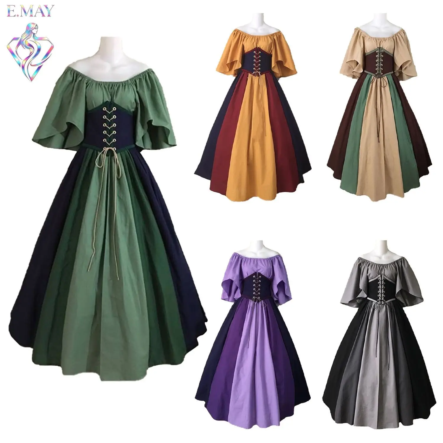 Halloween Medieval Retro Color Block Fly Sleeve Belted Waist One Shoulder Dress Women's Gown Elegant Ethnic Stage Costume
Halloween Medieval Retro Color Block Fly Sleeve Belted Waist One Shoulder Dress Women's Gown Elegant Ethnic Stage Costume