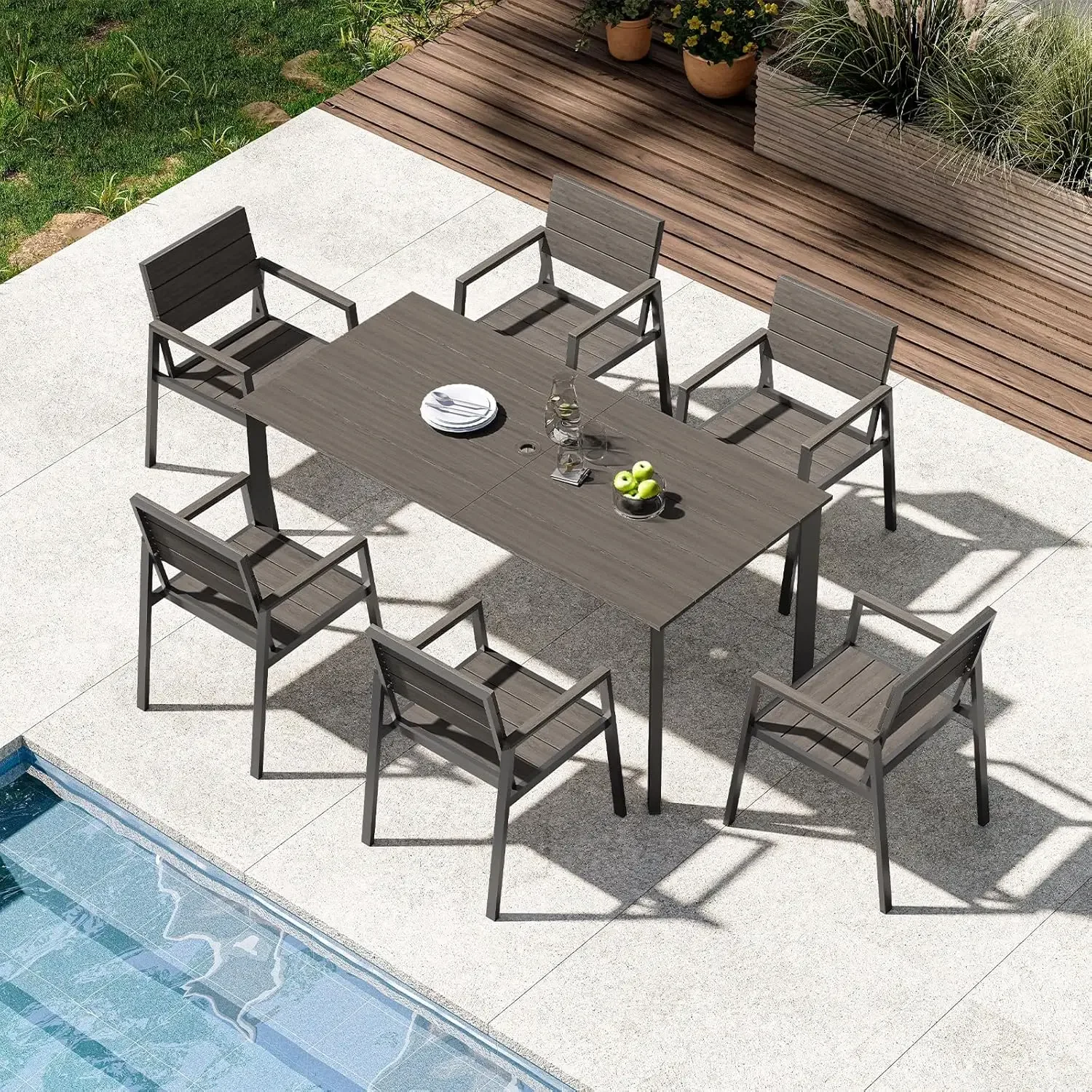 Outdoor Dining Set for 6, Aluminum Patio HDPS Outdooor Table and Chairs Set with Umbrella Hole, All Weather Patio, Customized
Outdoor Dining Set for 6, Aluminum Patio HDPS Outdooor Table and Chairs Set with Umbrella Hole, All Weather Patio, Customized