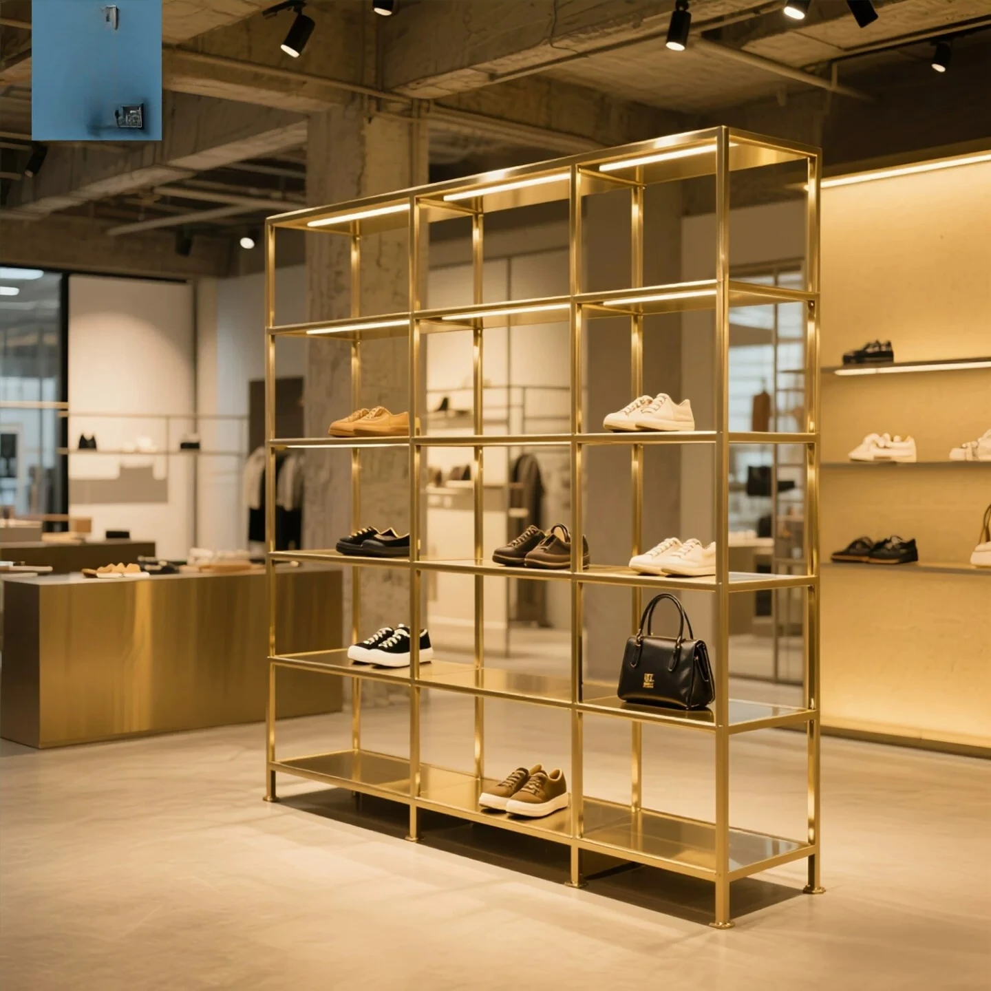 Clothing store shoe rack display rack, gold stainless steel bag display rack, shoe store multi-layer floor-to-wall shelf
Clothing store shoe rack display rack, gold stainless steel bag display rack, shoe store multi-layer floor-to-wall shelf